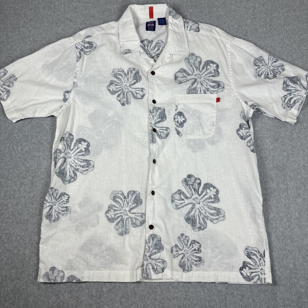 Vintage Jantzen Hawaiian Shirt Men's Large Ivory Hibiscus Linen Blend Button Up